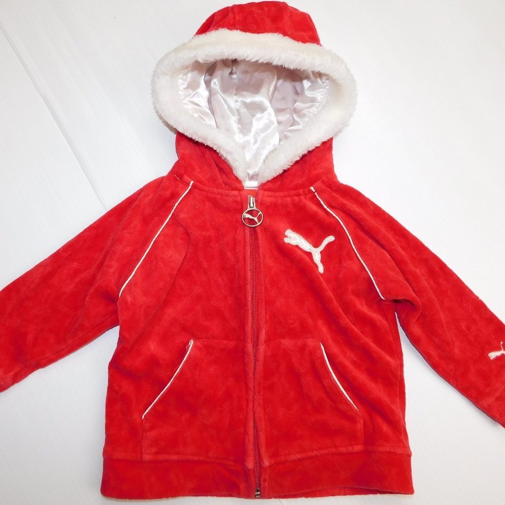 PUMA Red Velour Full Zip Hoodie / Track Jacket White Trim Baby Girls 18 Month
